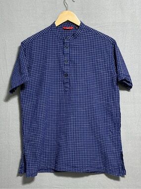 Nalli Men’s 38 Blue Windowpane Check Mandarin Collar Short Sleeve Shirt